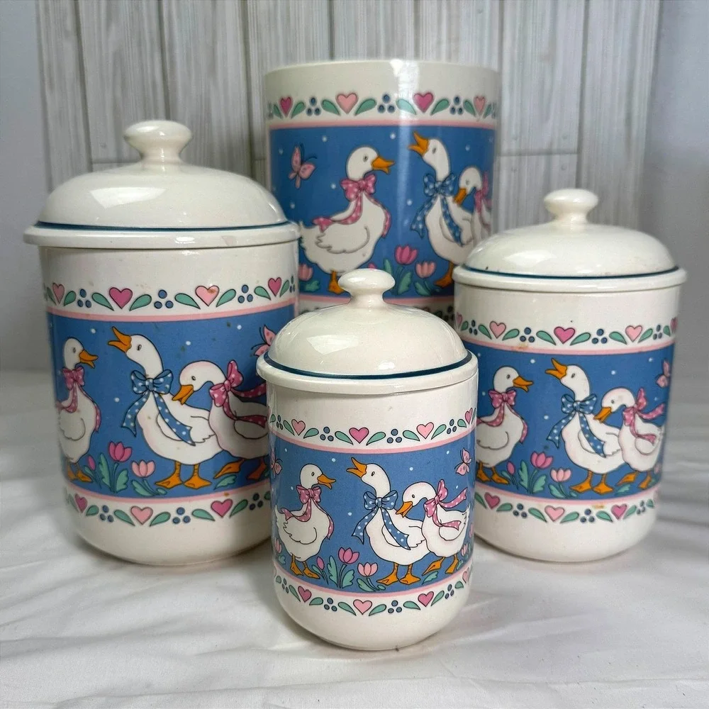 Vintage Country Goose Ceramic Canister Set 4 Piece Blue Pink Hearts 80s Kitchen